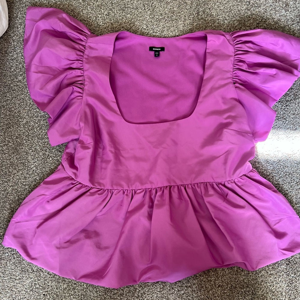 Express Pink Puff Sleeve Peplum Blouse